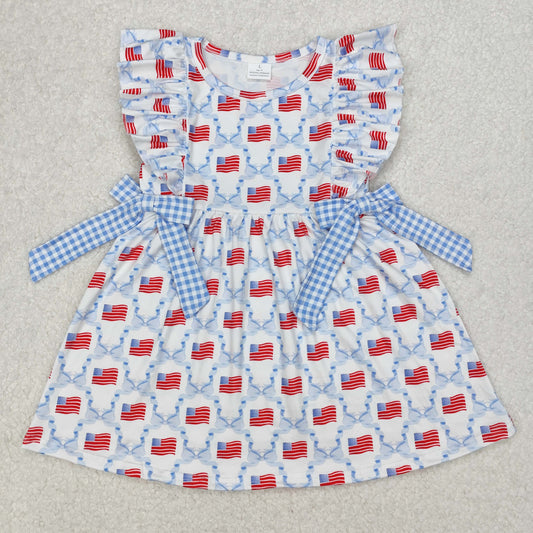GSD1641 4th of July Blue Red Bows Flag Ruffle Sleeveless Dress Girls Boutique Clothes  202503 RTS