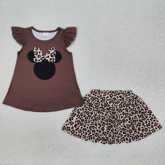 GSD1664 Brown Ruffle Sleeveless top Leopard print skirts baby girls boutique summer 2025 outfits 202501