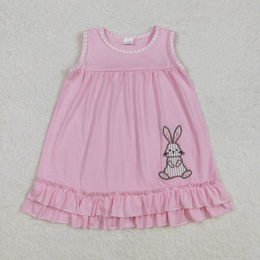 GSD1671 Easter Outfits Embroidered Bunny Pink Double Ruffle Sleeveless Dress Girls Boutique clothes  202502 RTS