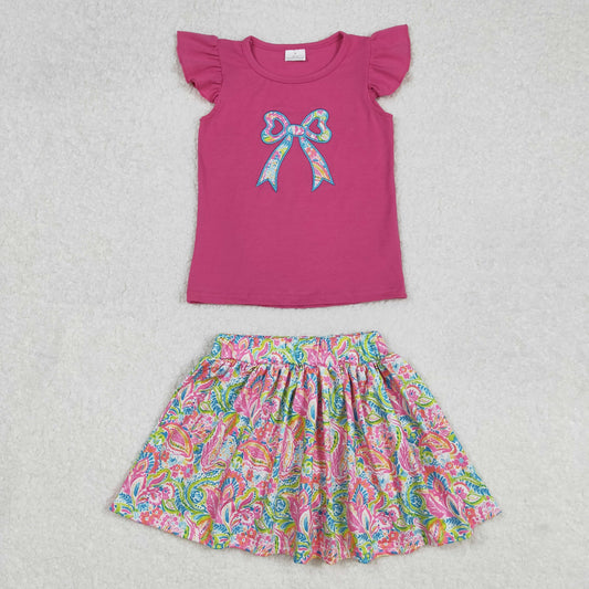 GSD1688 Embroidered Rose Red Flower Bow Fly sleeve top Pleated skirt shorts sets Girls Boutique clothes 202502 RTS