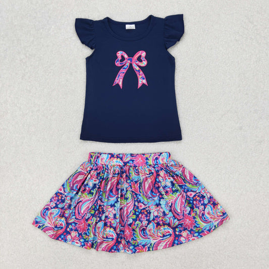 GSD1689 Embroidered bows navy blue fly sleeve top colored skirts shorts sets girls boutique outfits 202503 RTS