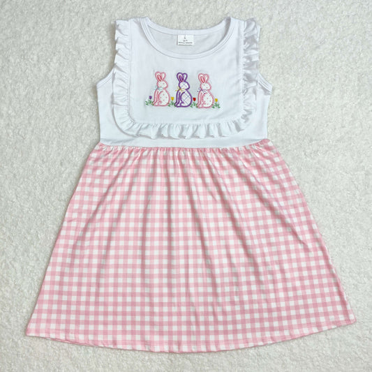 GSD1696 Embroidered Easter Bunnies White ruffle Pink plaid sleeveless Dress Girls Boutique clothes  202503 RTS