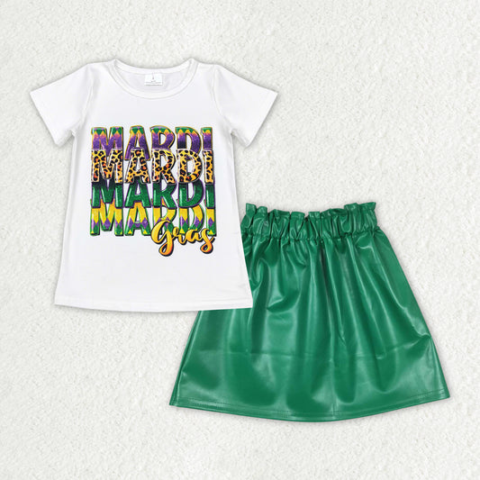 GSD1712 Mardi Gras outfit white short Green Leather skirt summer outfit