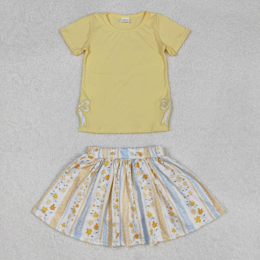 GSD1716 Embroidered Yellow Bow Refreshing Flower Striped short sleeve top skirts shorts sets girls boutique outfits 202503 RTS