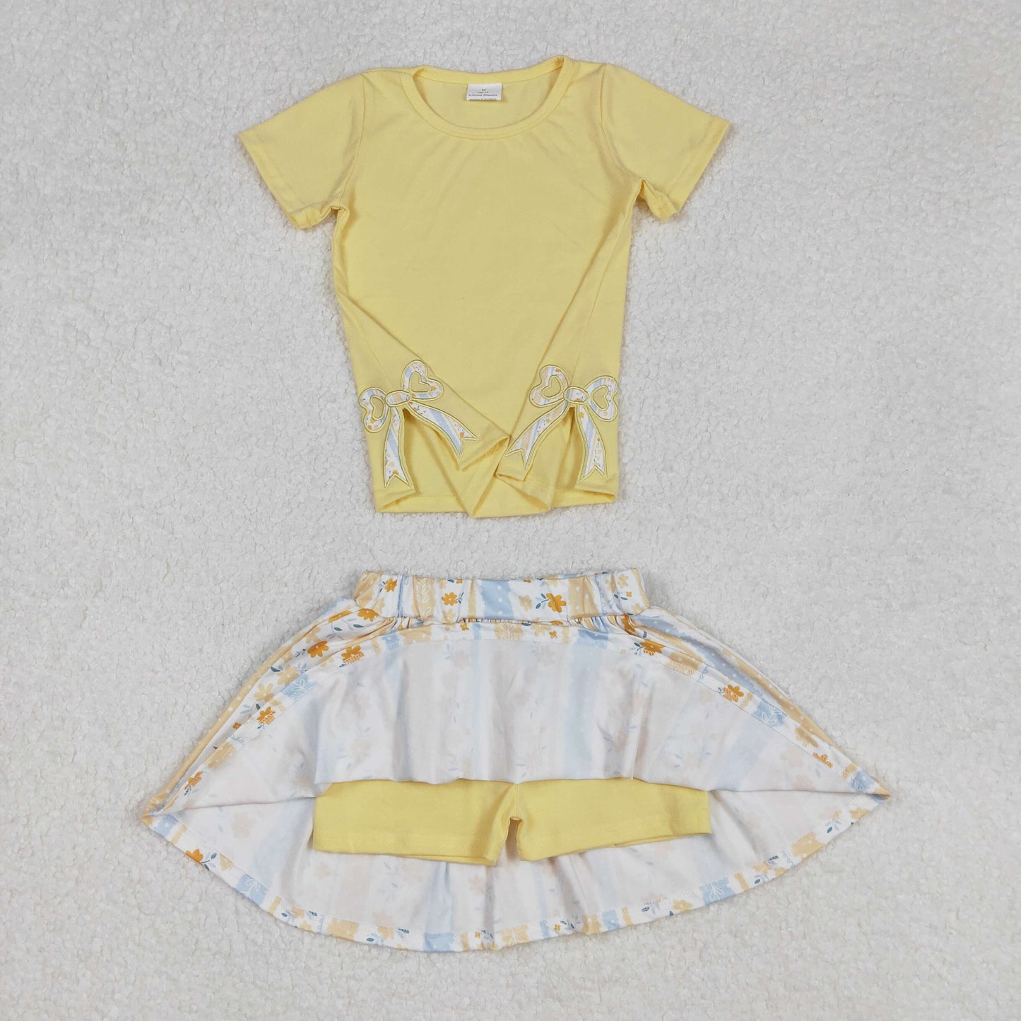GSD1716 Embroidered Yellow Bow Refreshing Flower Striped short sleeve top skirts shorts sets girls boutique outfits 202503 RTS