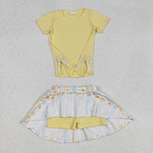 GSD1716 Embroidered Yellow Bow Refreshing Flower Striped short sleeve top skirts shorts sets girls boutique outfits 202503 RTS