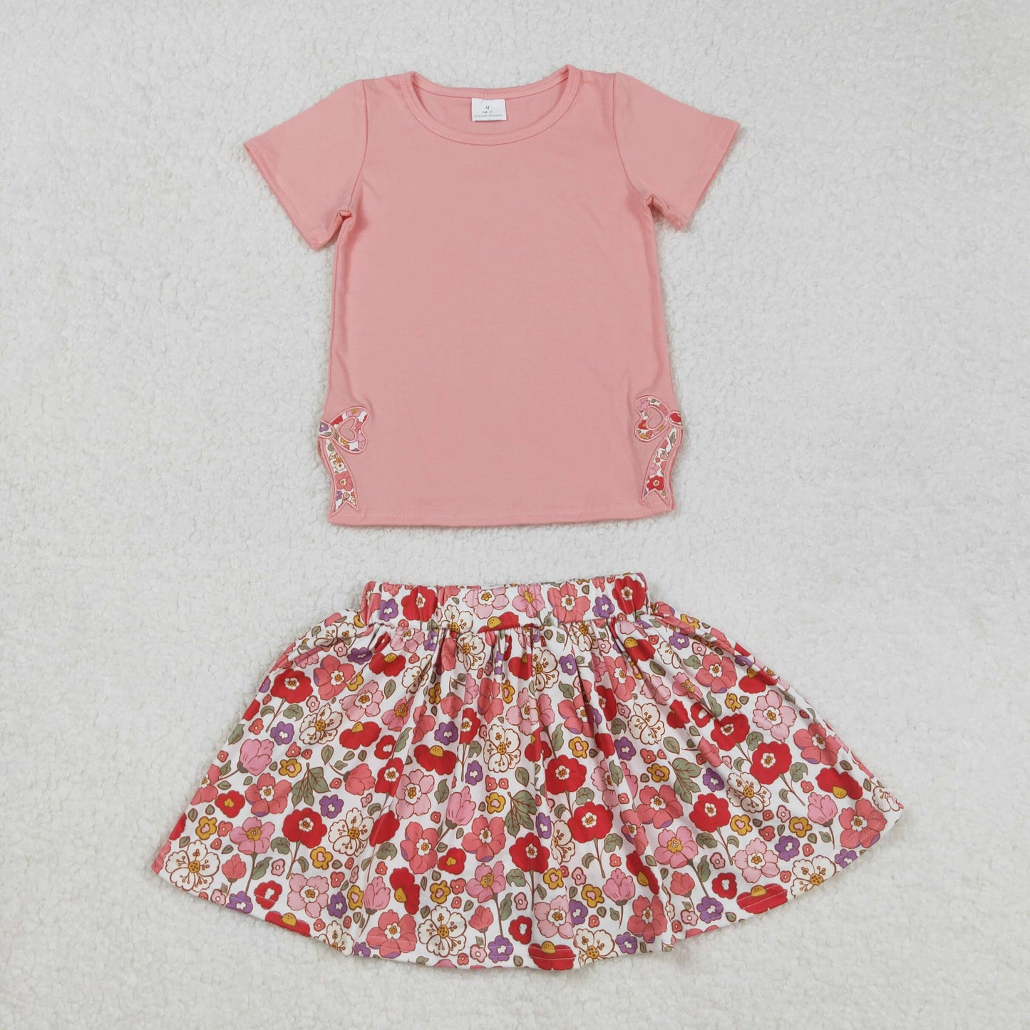 GSD1721 Embroidered Pink Bow Flower short sleeve top skirts shorts sets girls boutique outfits 202502 RTS