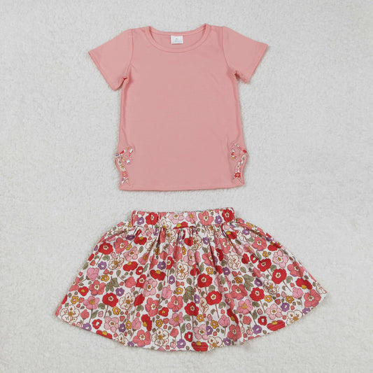 GSD1721 Embroidered Pink Bow Flower short sleeve top skirts shorts sets girls boutique outfits 202502 RTS