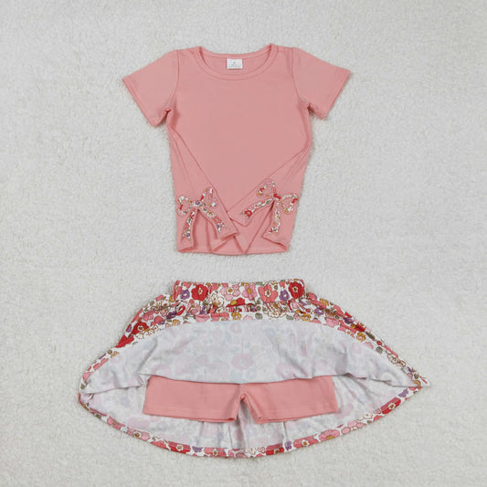 GSD1721 Embroidered Pink Bow Flower short sleeve top skirts shorts sets girls boutique outfits 202502 RTS