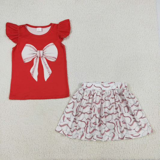 GSD1722 Red Baseball Bow Ruffled sleeveless top skirts shorts set Girls clothing sets summer outfit RTS 202501