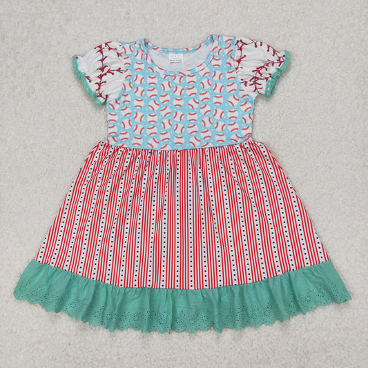 GSD1749 Baseball Pink Green Blue Ruffle Short Sleeve Dress Boutique Girls Outfits 202503 RTS