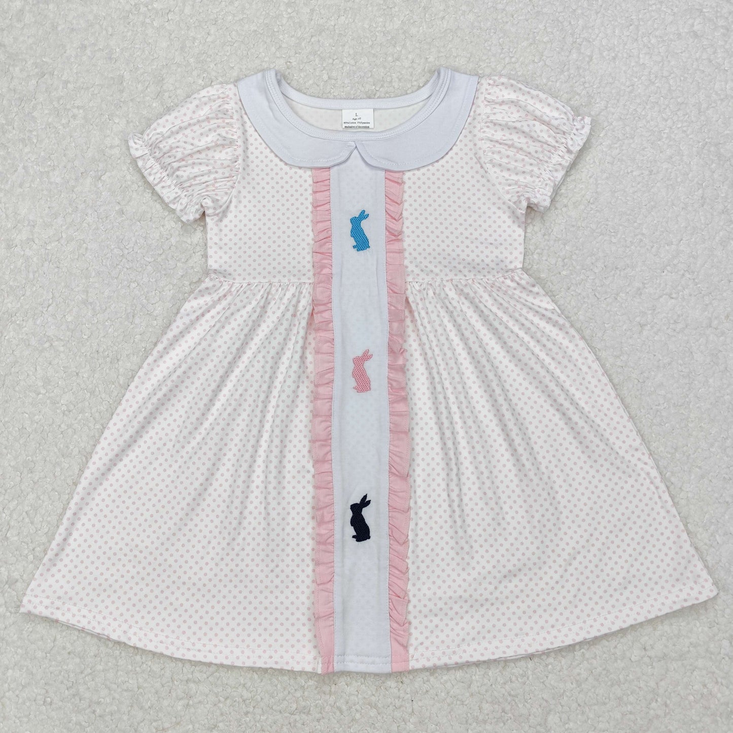 GSD1771 Embroidered Easter Bunnies Light Pink Ruffle Dot Doll collar Short Sleeve Dress Girls Boutique clothes 202503 RTS