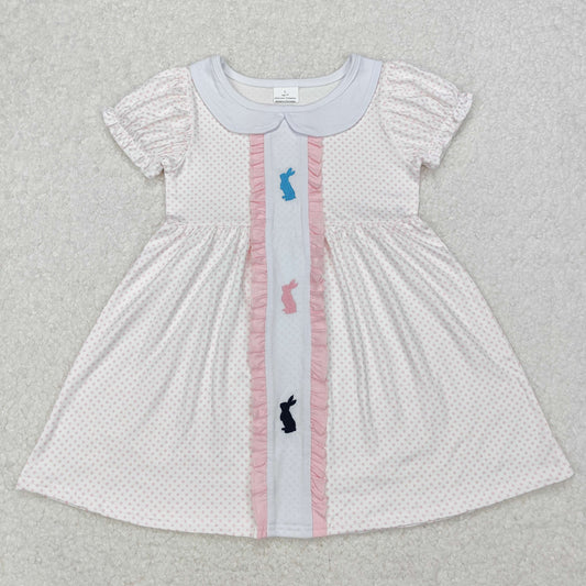 GSD1771 Embroidered Easter Bunnies Light Pink Ruffle Dot Doll collar Short Sleeve Dress Girls Boutique clothes 202503 RTS