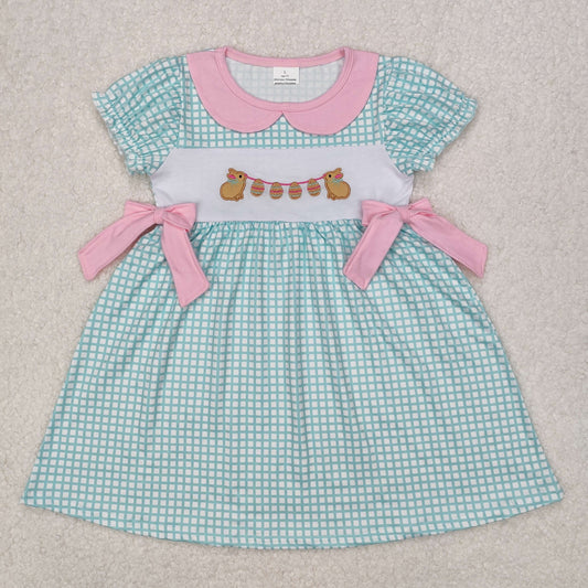 GSD1773 Embroidered Easter Bunnies Green Pink Plaid Doll collar Short Sleeve Dress Girls Boutique clothes 202503 RTS