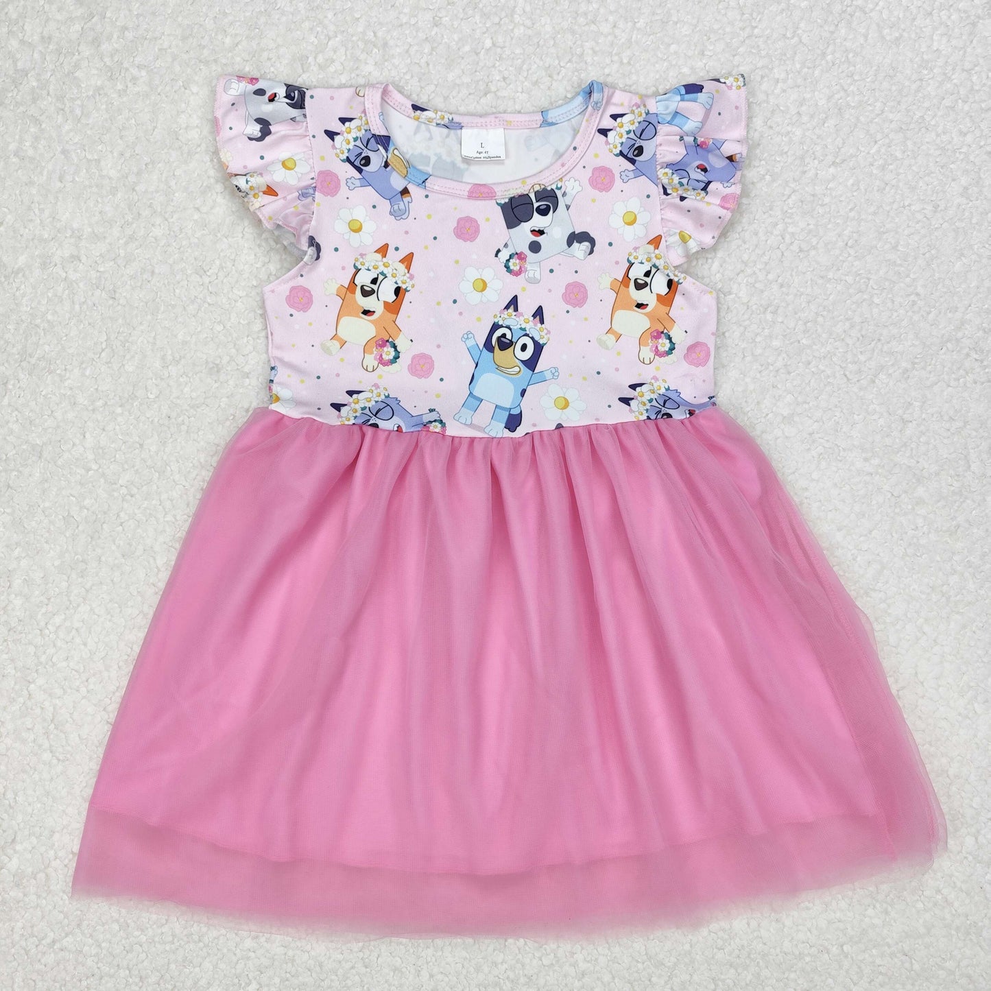 GSD1789 Cartoon Bluey Pink Tulle Dress with flying Sleeve Dress Girls Boutique Clothes 202503 RTS