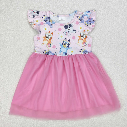 GSD1789 Cartoon Bluey Pink Tulle Dress with flying Sleeve Dress Girls Boutique Clothes 202503 RTS