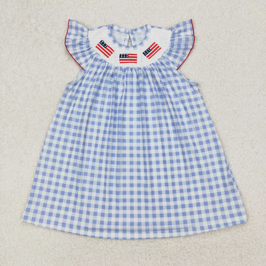 GSD1817 Embroidered Baby Clothes Flag Blue Plaid Flying Sleeve Dress Girls Boutique Outfits 202503 RTS