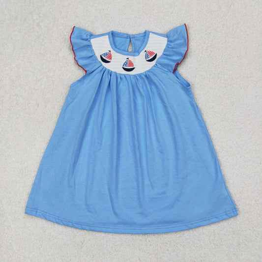 GSD1818 Embroidered Baby Clothes Flag Sailboat Sky Blue Flying Sleeve Dress Girls Boutique Outfits 202503 RTS