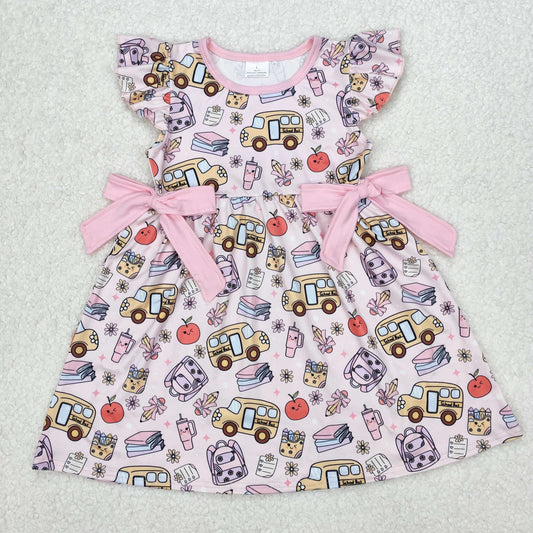 GSD1819 Pink School Bus Apple Bows Fly Sleeve Dress Girls Boutique Clothes 202503 RTS