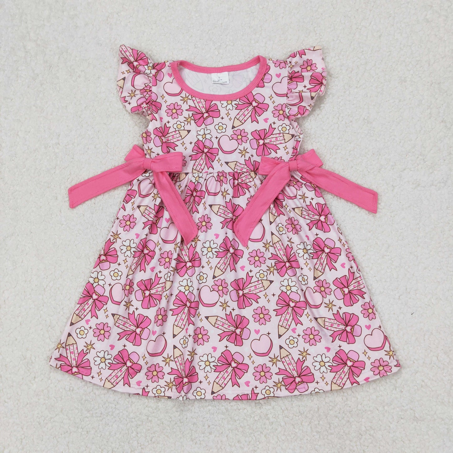 GSD1820 hot pink pencil bows flower ruffle fly sleeve dress girls boutique outfits 202503 RTS