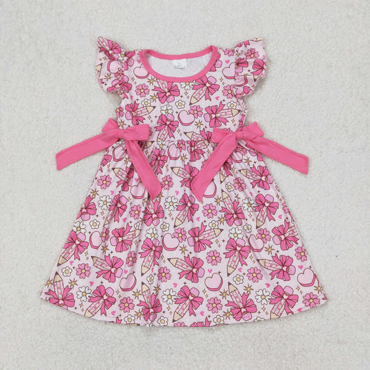 GSD1820 hot pink pencil bows flower ruffle fly sleeve dress girls boutique outfits 202503 RTS
