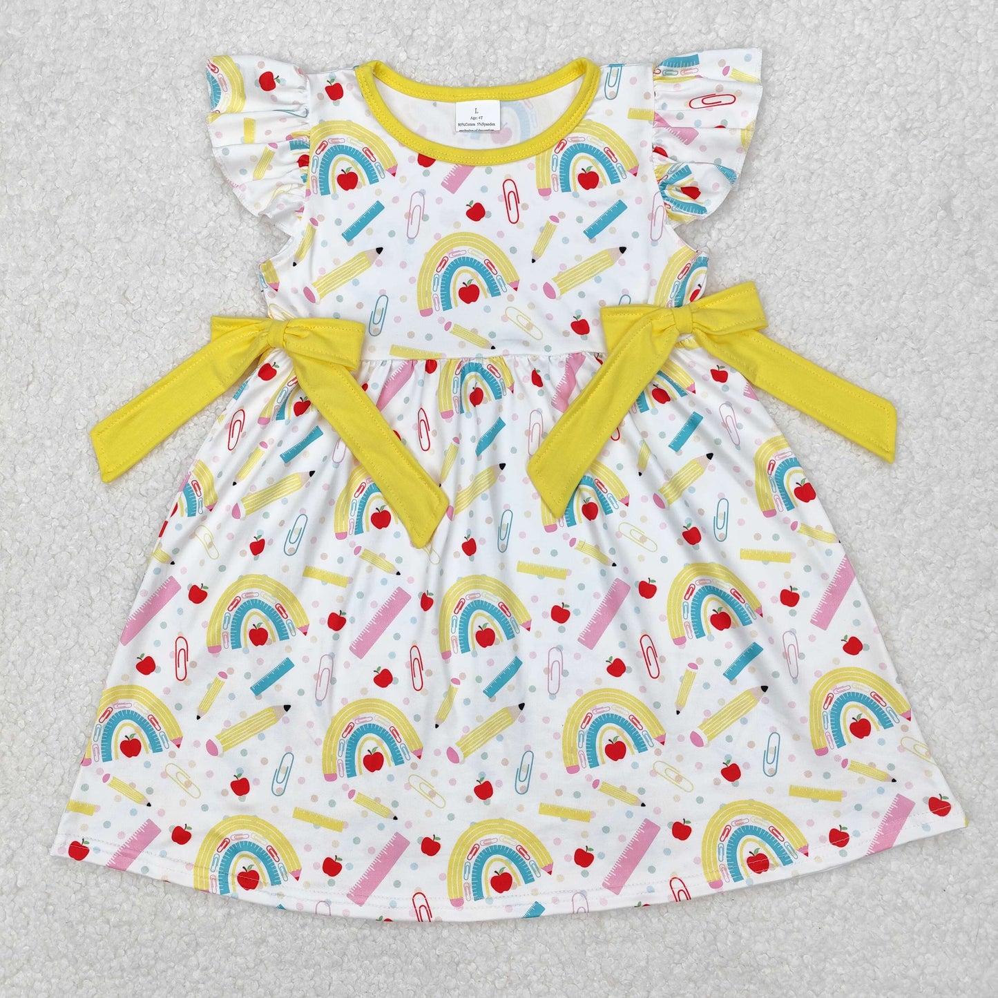 GSD1823 Yellow Pencil Rainbow Bows Fly Sleeve Dress Girls Boutique Clothes 202503 RTS