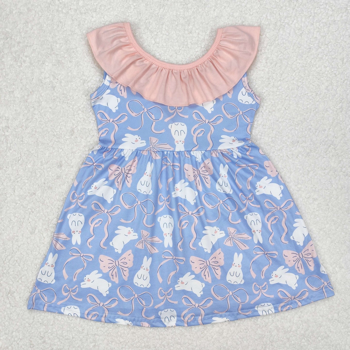GSD1829 Easter Bunny Bow Blue Pink Ruffle Sleeveless Dress Girls Boutique clothes 202503 RTS