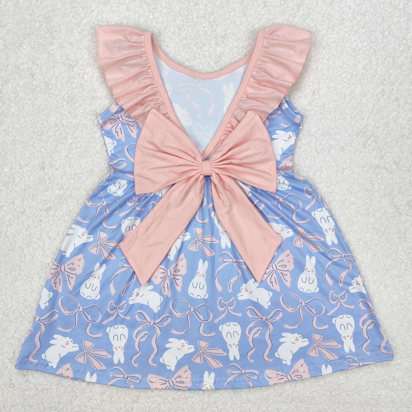 GSD1829 Easter Bunny Bow Blue Pink Ruffle Sleeveless Dress Girls Boutique clothes 202503 RTS