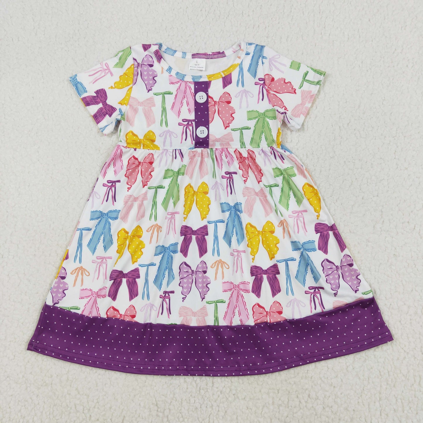 GSD1834 Colored Bow Purple Dot short sleeve Dresses Girls boutique summer outfit 202501