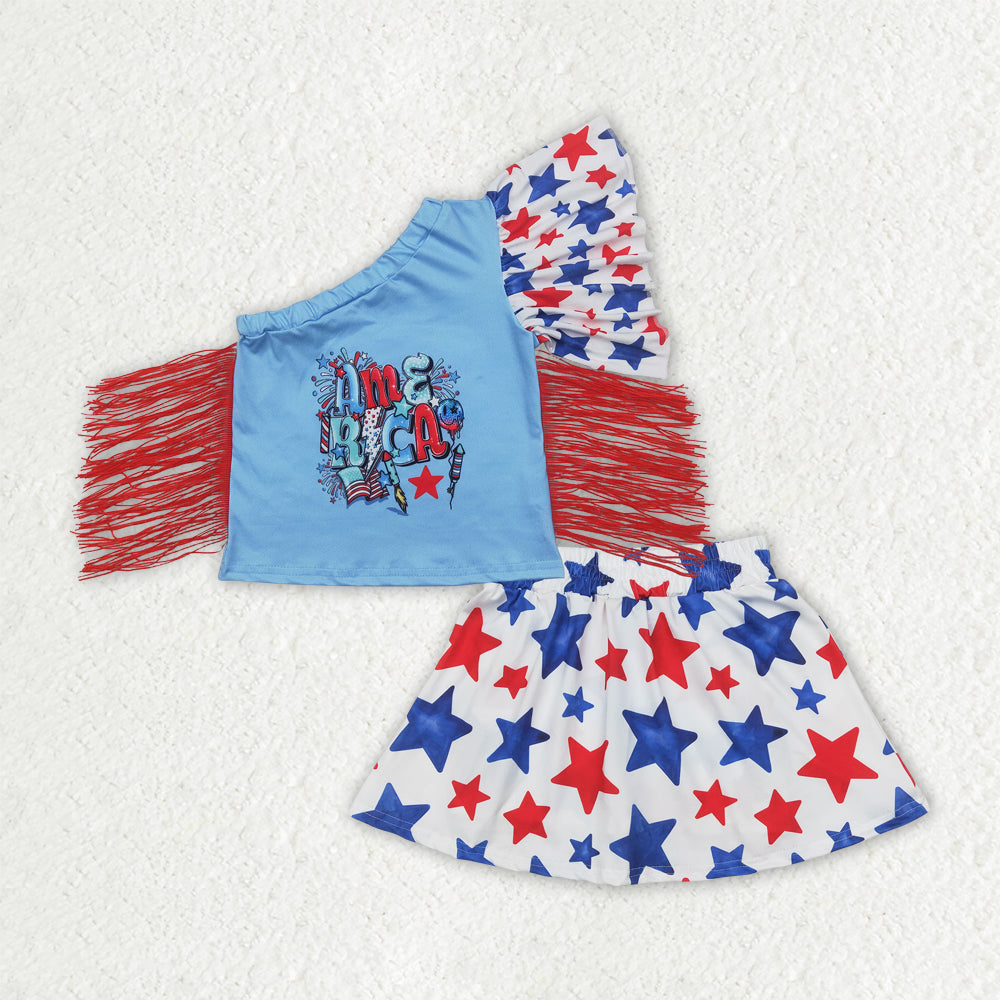 GSD1836 4th of July Red Blue Star Tassel Off-shoulder top skirts Girls boutique outfit 202504 RTS