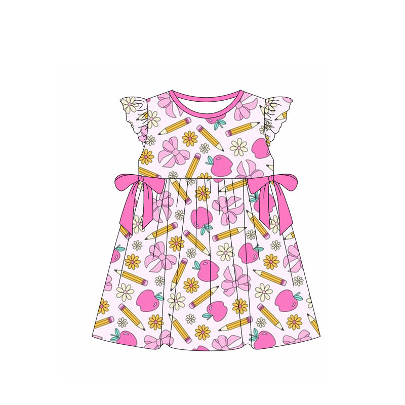 GSD1846 School Girl Bow Flower Pencil Hot Pink Flying sleeve Dress Girls Summer clothes 202503 RTS