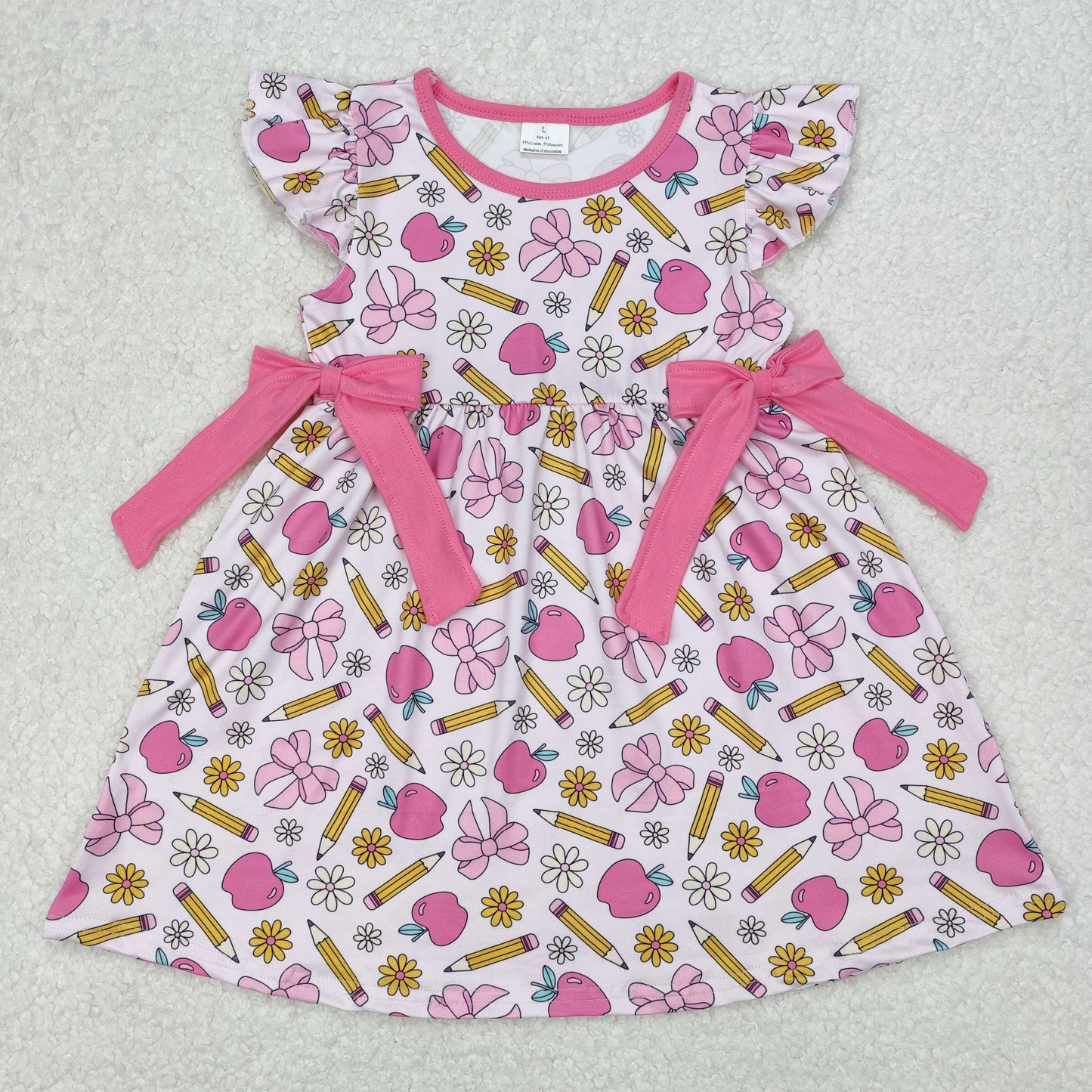 GSD1846 School Girl Bow Flower Pencil Hot Pink Flying sleeve Dress Girls Summer clothes 202503 RTS