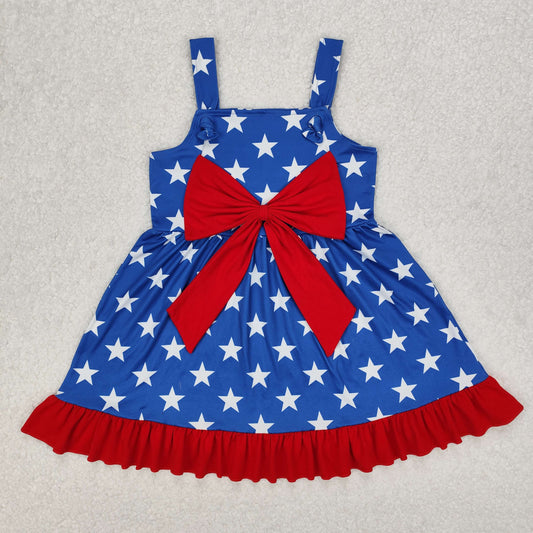 GSD1854 4th of July American Star Blue Red Bow Ruffle Sleeveless Dress Girls Boutique clothes  202503 RTS