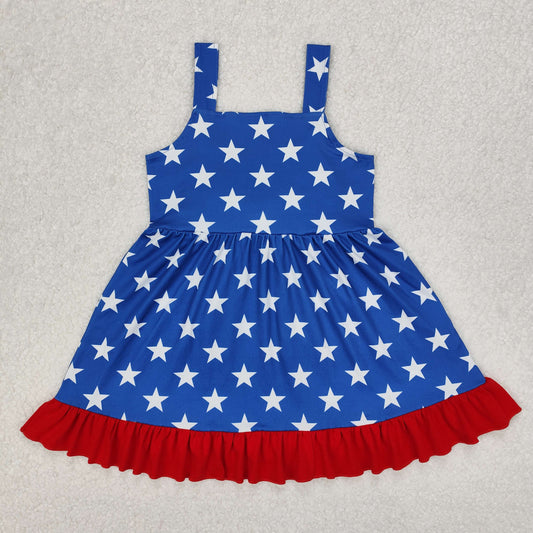 GSD1854 4th of July American Star Blue Red Bow Ruffle Sleeveless Dress Girls Boutique clothes  202503 RTS
