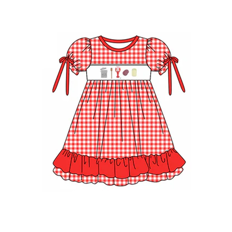 Preorder GSD1857 Crawfish and Corn Red Plaid Ruffle Bows Short Sleeve Dress Girls Boutique Summer Clothes 202504