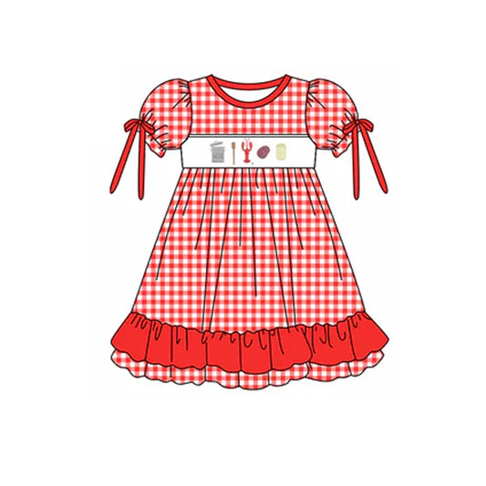 Preorder GSD1857 Crawfish and Corn Red Plaid Ruffle Bows Short Sleeve Dress Girls Boutique Summer Clothes 202504