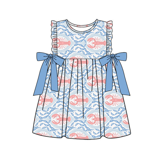 Preorder GSD1859 Crawfish Blue Ruffle Bows Sleeveless Dress Girls Boutique Summer Clothes 202504
