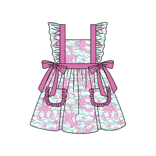 Preorder GSD1860 Crawfish Purple Pink Pocket Ruffle Bows Sleeveless Dress Girls Boutique Summer Clothes 202504