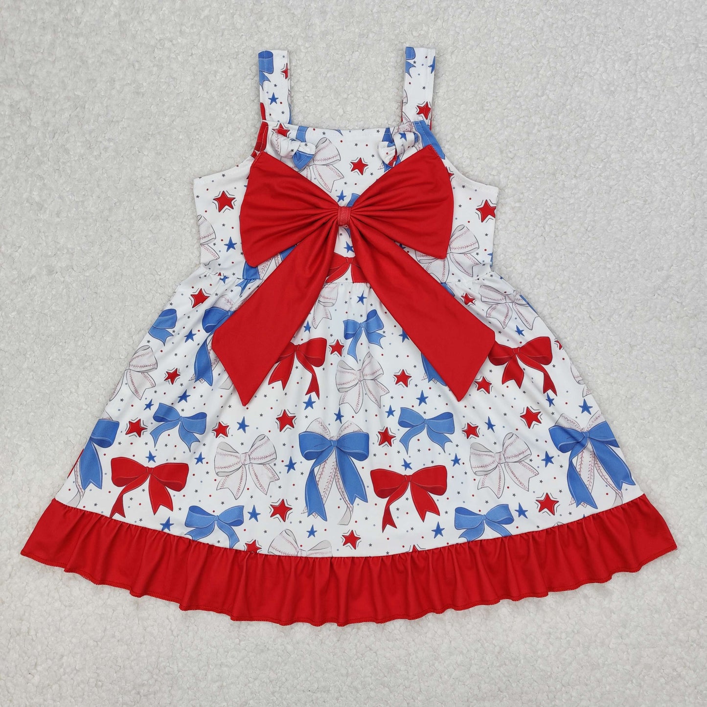 GSD1866 4th of July Blue Red Bow Star Ruffle Sleeveless Dress Girls Boutique Clothes 202503 RTS