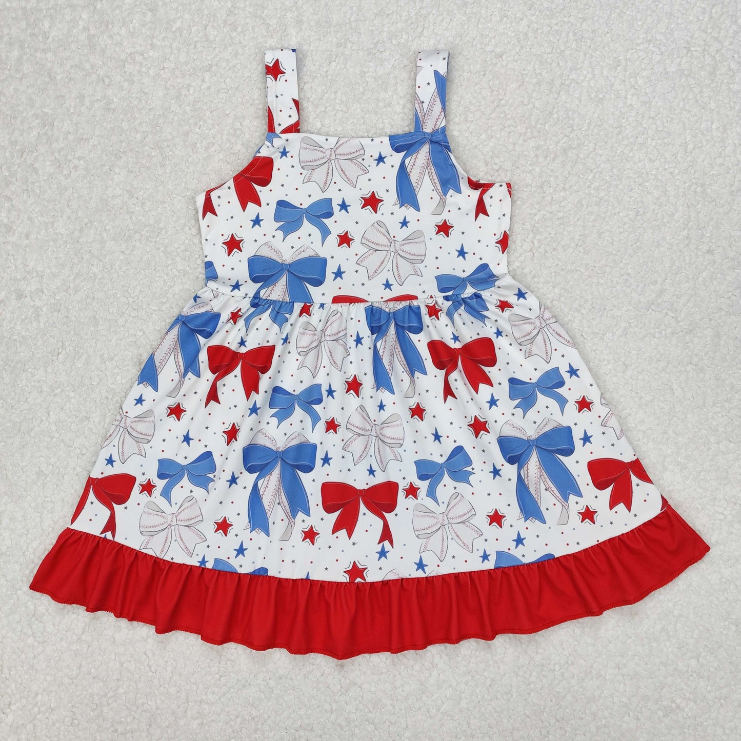GSD1866 4th of July Blue Red Bow Star Ruffle Sleeveless Dress Girls Boutique Clothes 202503 RTS