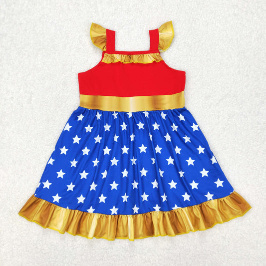 GSD1877 4th of July red blue star ruffle golden ruffle fly sleeve dress cartoon princess dress girls boutique outfits 202503 RTS