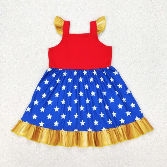 GSD1877 4th of July red blue star ruffle golden ruffle fly sleeve dress cartoon princess dress girls boutique outfits 202503 RTS