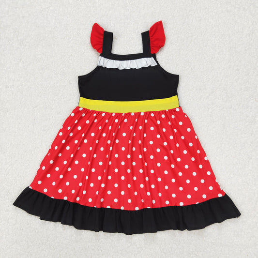 GSD1878 red black dot white ruffle fly sleeve dress cartoon princess dress girls boutique outfits 202503 RTS