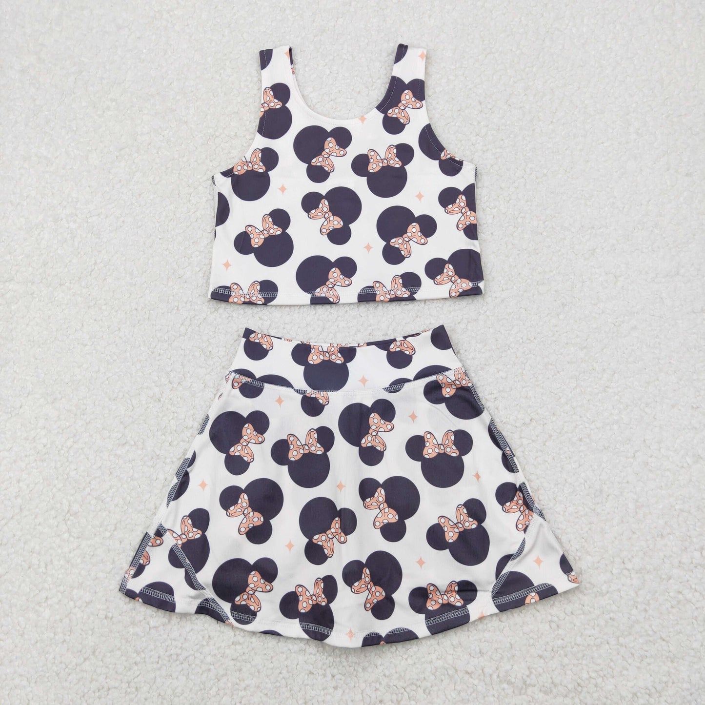 GSD1934 Cartoon Mickey Minnie Bows White Yoga Milk Silk Sleeveless Top Skirts Shorts Set Girls Boutique Outfit 202504 RTS