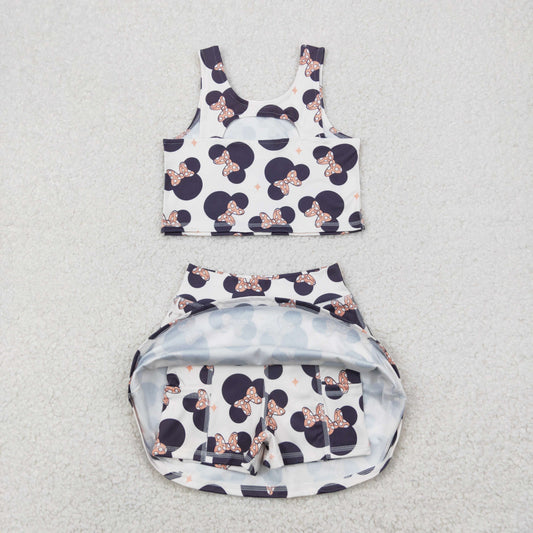 GSD1934 Cartoon Mickey Minnie Bows White Yoga Milk Silk Sleeveless Top Skirts Shorts Set Girls Boutique Outfit 202504 RTS