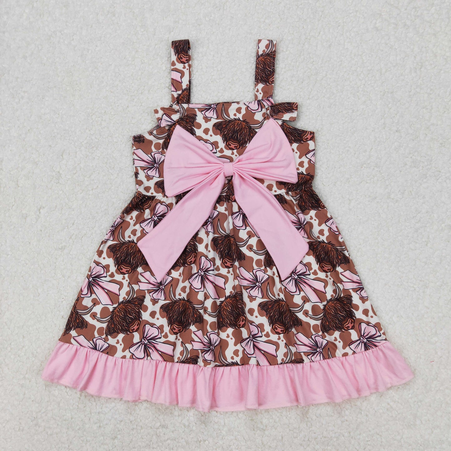 GSD1945 Cowgirl Pink Brown Leopard Big Bow Ruffle Sleeveless Dress girls boutique summer sets 202503 RTS