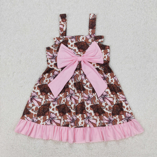 GSD1945 Cowgirl Pink Brown Leopard Big Bow Ruffle Sleeveless Dress girls boutique summer sets 202503 RTS