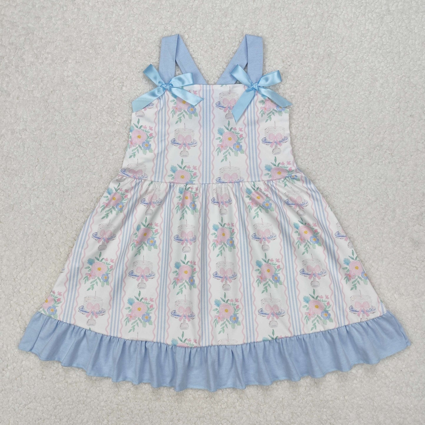GSD1946 Blue Pink Flower Striped Ruffle Sleeveless Dress Girls Boutique Clothes 202503 RTS