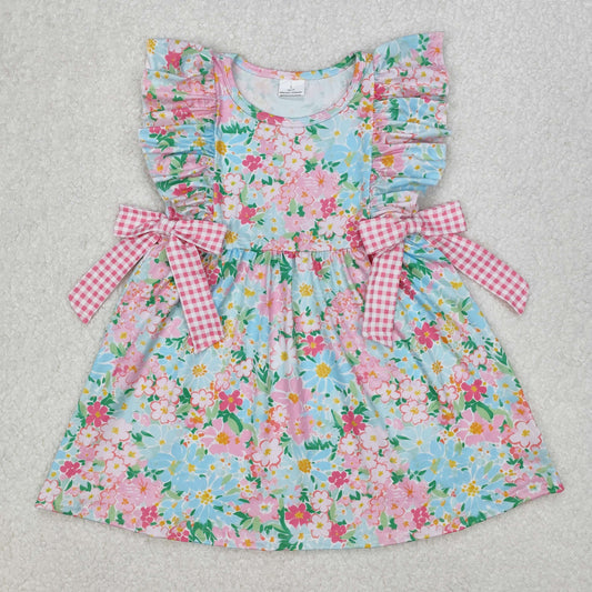 GSD1962 Pink Blue Flower Leaf Plaid Bows Ruffle Sleeveless Dress Girls Boutique clothes 202503 RTS