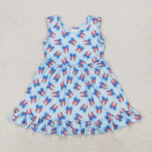 GSD1965 4th of July Red Blue Star Striped Bows Ruffle Sleeveless Dress girls boutique summer sets 202503 RTS